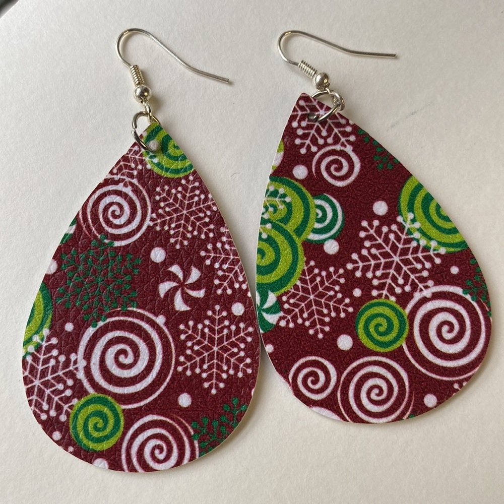 Tear Drop Faux Leather Geometric Christmas Peppermint Earrings